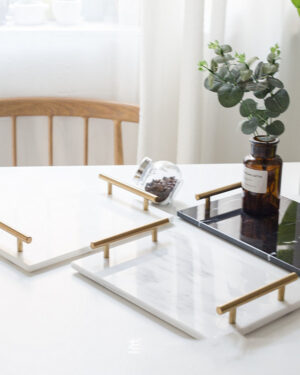 Ceramic Marble Tray with Gold Handles – Decorative Vanity & Organizer Tray (Black, White, Gray)