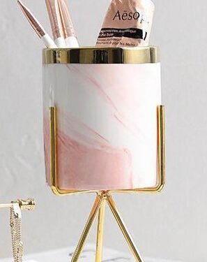 Easel Pod Marble Organizer with Gold Stand – Decorative Makeup & Storage Holder (Gray or Pink)