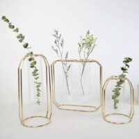 Geometric Floating Vase – Glass Tube Vase with Metal Frame (Gold & Rose Gold, Multiple Sizes)