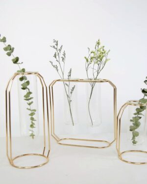 Geometric Floating Vase – Glass Tube Vase with Metal Frame (Gold & Rose Gold, Multiple Sizes)