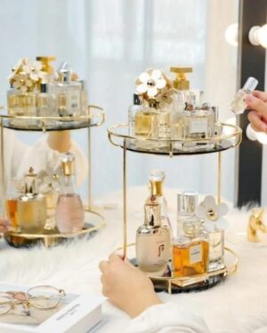 2-Tier Vanity Tray Organizer – Gold Makeup & Perfume Display Stand