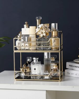 2-Tier Gold Vanity Organizer – Luxury Makeup & Perfume Storage Display Stand