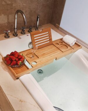 Luxury Bamboo Bathtub Tray Spa-Style Bath Caddy with Phone & Wine Holder