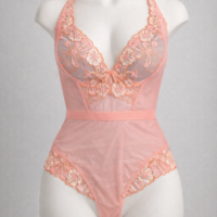 Coral Floral Embroidered Lace Bodysuit – Sheer Teddy