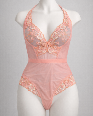 Coral Floral Embroidered Lace Bodysuit – Sheer Teddy
