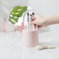 Makeup Brush Holder with Dustproof Cover – Cosmetic Organizer Cup (Pink or White)